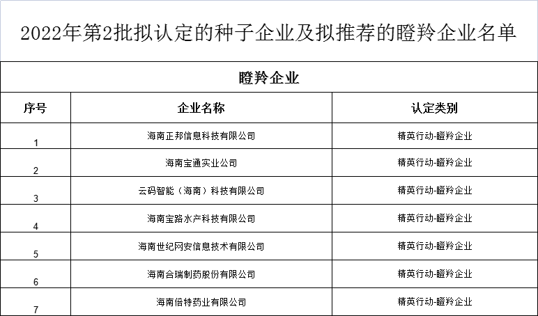 海南省高新技術(shù)瞪羚企業(yè)名單