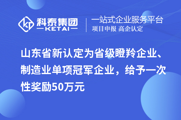 山東省新認定為省級瞪羚企業(yè)、制造業(yè)單項冠軍企業(yè)，給予一次性獎勵 50 萬(wàn)元