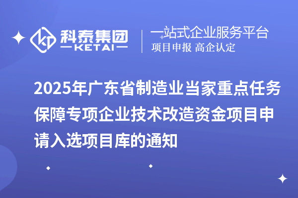 2025年廣東省制造業(yè)當家重點任務保障專項企業(yè)技術改造資金項目申請入選項目庫的通知