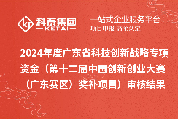 2024年度廣東省科技創(chuàng)新戰(zhàn)略專項資金（第十二屆中國創(chuàng)新創(chuàng)業(yè)大賽（廣東賽區(qū)）獎補項目）審核結果的公示